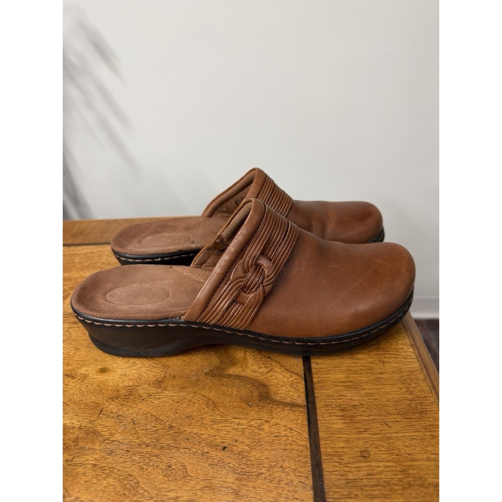 Clarks Women's 10 Brown Prairie Flower Leather Comfort SlipOn Clog Mule Shoes